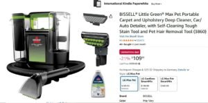 bissell little green® max pet portable carpet and upholstery deep cleaner, car auto detailer, with self cleaning tough stain tool and pet hair removal tool (3860)