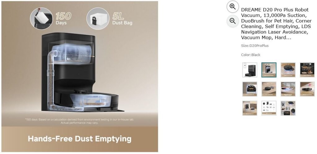 dreame d20 pro plus robot vacuum, 13,000pa suction, duobrush for pet hair, corner cleaning, self emptying, lds navigation laser avoidance, vacuum mop, hard