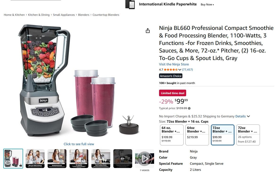 ninja bl660 professional compact smoothie & food processing blender, 1100 watts, 3 functions for frozen drinks, smoothies, sauces,