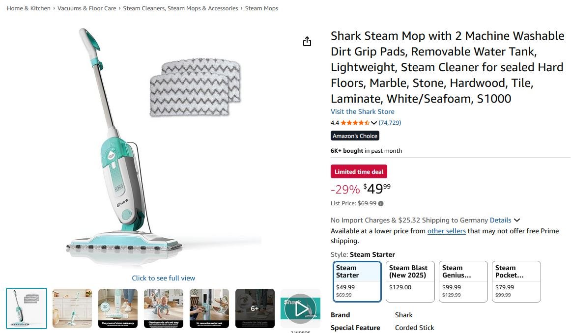 Shark Steam Mop with 2 Machine Washable Dirt Grip Pads, Removable Water Tank, Lightweight, Steam Cleaner for sealed Hard Floors