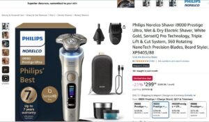 Philips Norelco Shaver i9000 Prestige Ultra, Wet & Dry Electric Shaver, White Gold, SenseIQ Pro Technology, Triple Lift & Cut System, 360 Rotating NanoTech Precision Blades, Beard Styler, XP9403
